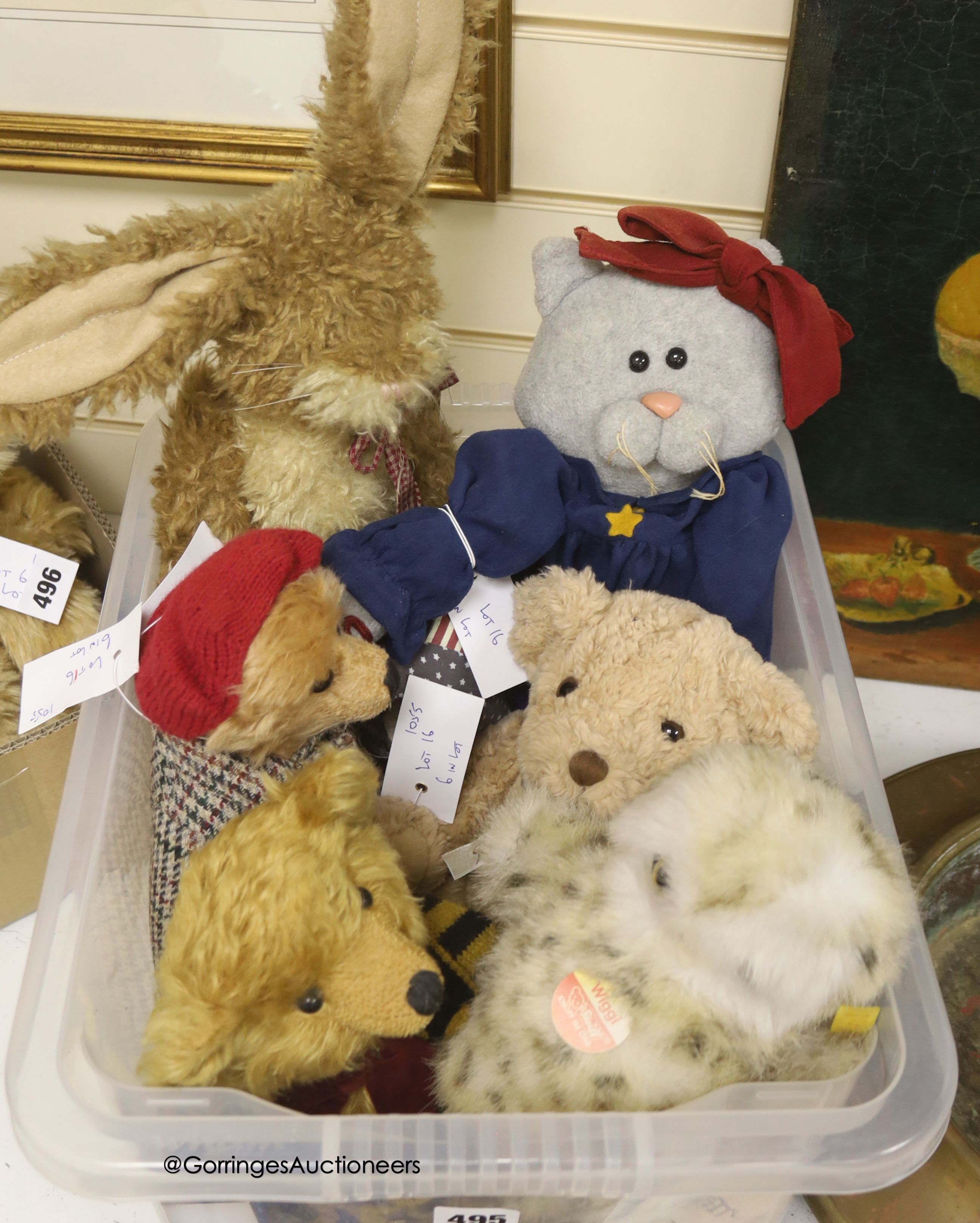 A Deans Jo Greeno bear with Deans limited edition bears; Boyds rabbit and an American comic cat, musical rag time bear and a Steiff Wiggi owl